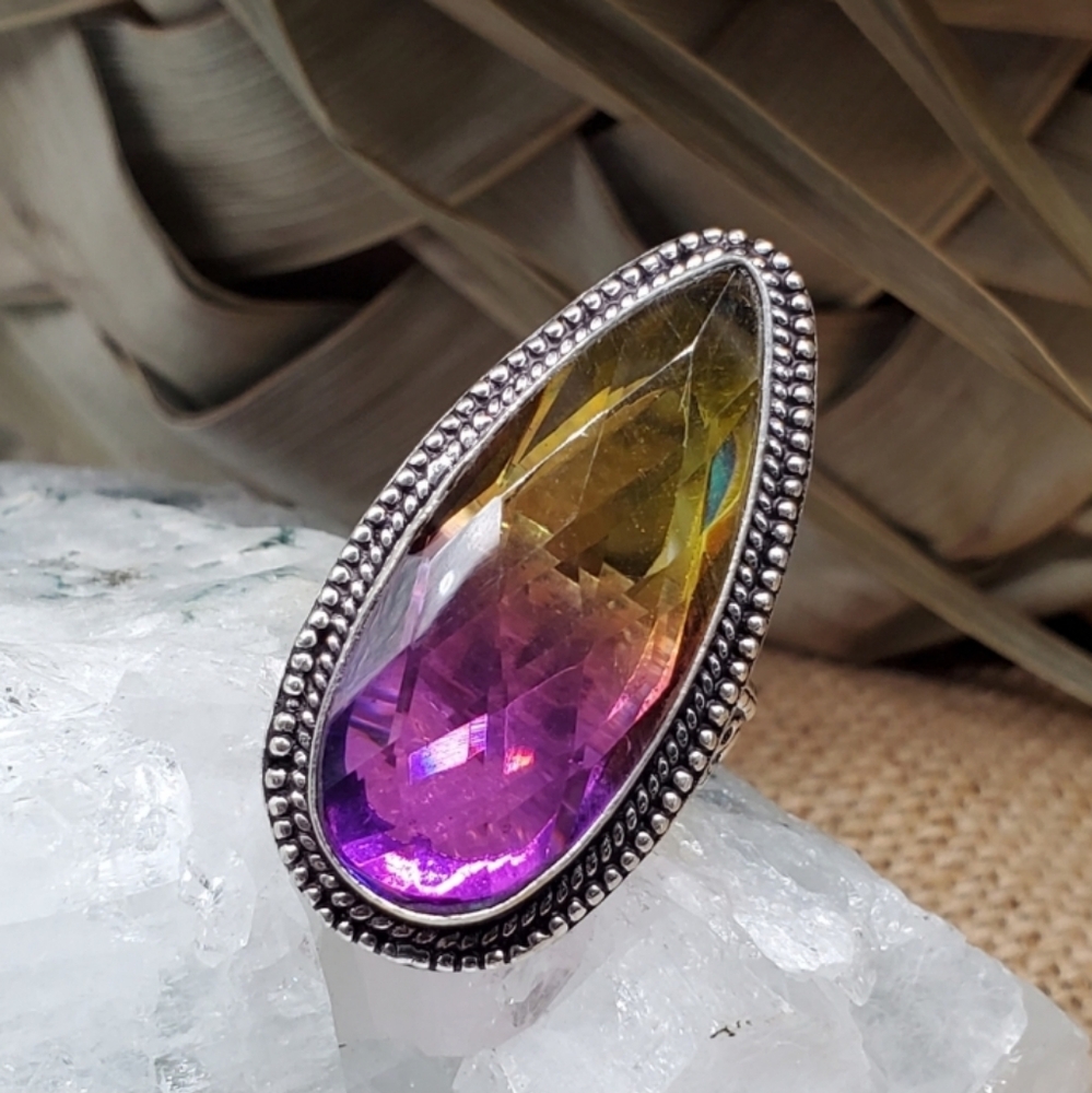 LARGE AMETRIN STONE  Rhodium/925 Silver Bohemian Ring Artisan Vintage Jewelry